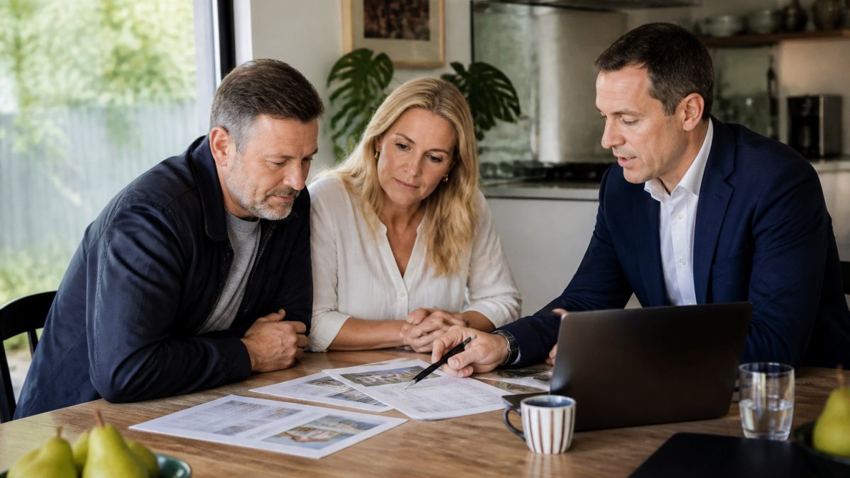 A buyer's agent and a couple reviewing comparable sales printouts and a laptop on a kitchen table in a Melbourne home, mid-conversation, afternoon light