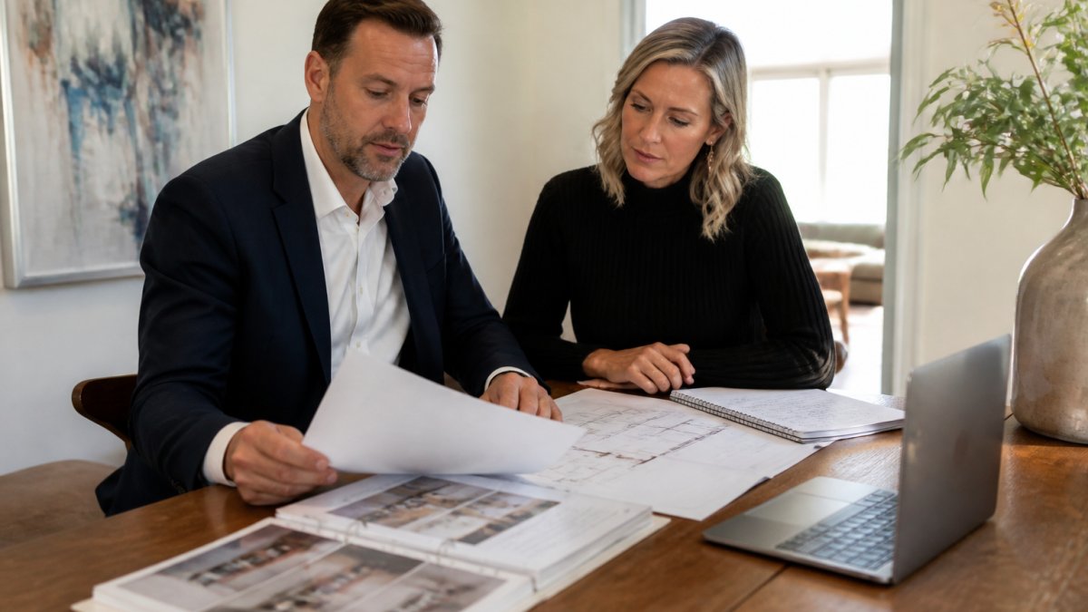 Professional property buyer and agent reviewing inspection reports, architectural plans and property details at a dining table with laptop, notepad and documents visible in natural lighting